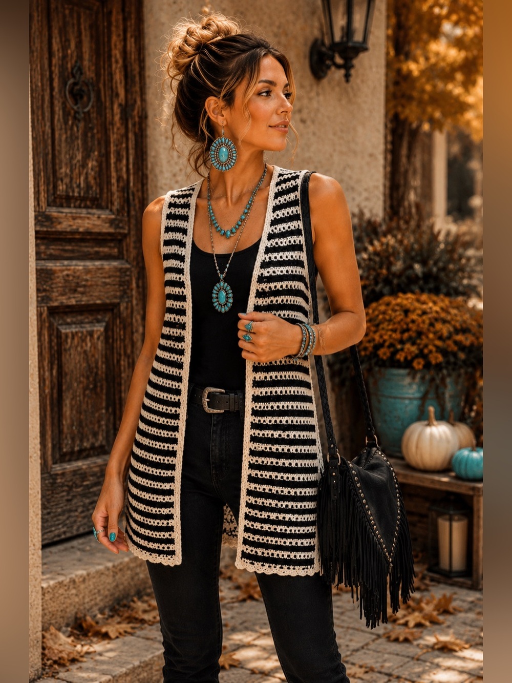 Maurices Open Knit Crochet Stripe Sleeveless Vest Cardigan Medium Boho